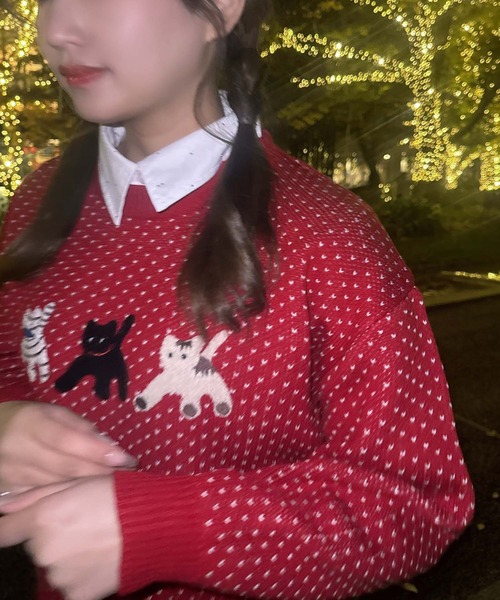 AS KNOW AS plus(アズノゥアズプラス)の「♪選べるアソートデザインジャガードニットプルオーバー(ネコ・ハナ)(ニット/セーター・レディース・ブラウン系/グリーン系/ネイビー系/レッド系・FREE)」の5枚目の写真