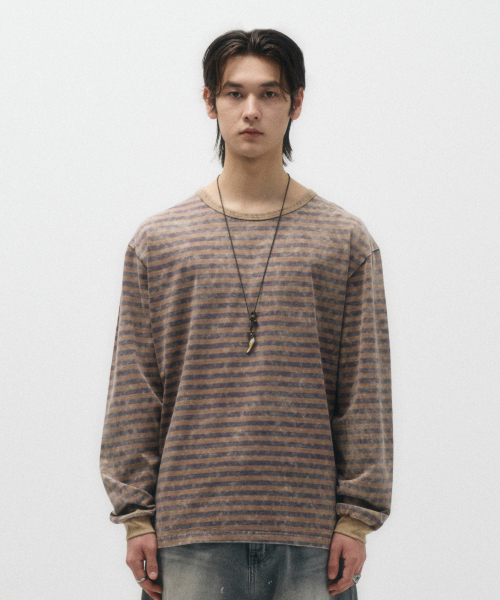 ECORR(エコル)の「ヴィンテージウォッシュストライプロングスリーブ_ブラウン(Tシャツ/カットソー・レディース・その他・1(M)/2(L)/3(XL))」の2枚目の写真