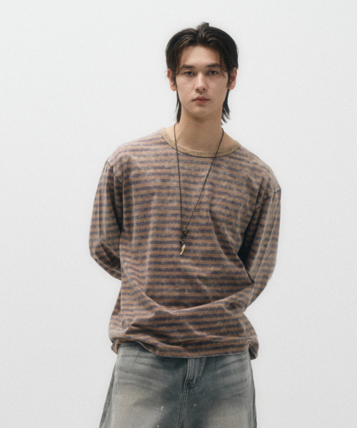 ECORR(エコル)の「ヴィンテージウォッシュストライプロングスリーブ_ブラウン(Tシャツ/カットソー・レディース・その他・1(M)/2(L)/3(XL))」の4枚目の写真