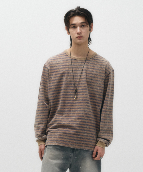 ECORR(エコル)の「ヴィンテージウォッシュストライプロングスリーブ_ブラウン(Tシャツ/カットソー・レディース・その他・1(M)/2(L)/3(XL))」の5枚目の写真