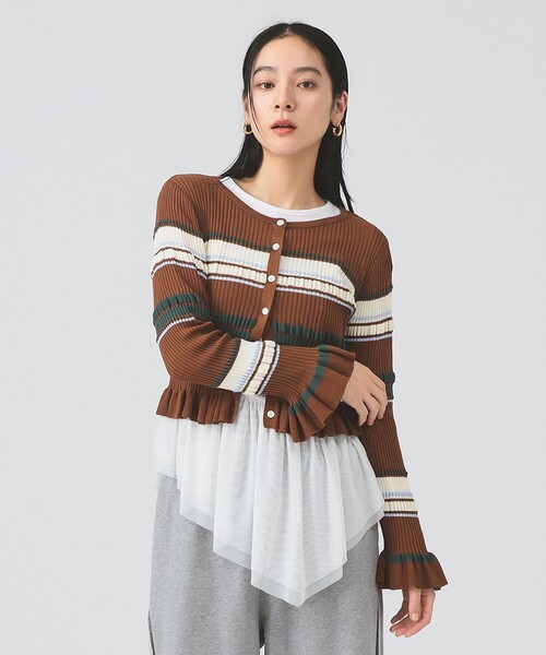 Ray BEAMS（レイビームス）の「リブ マルチボーダー カーディガン（ニット/セーター・レディース・ブラック/ダークブラウン・ONE SIZE）」の2枚目の写真