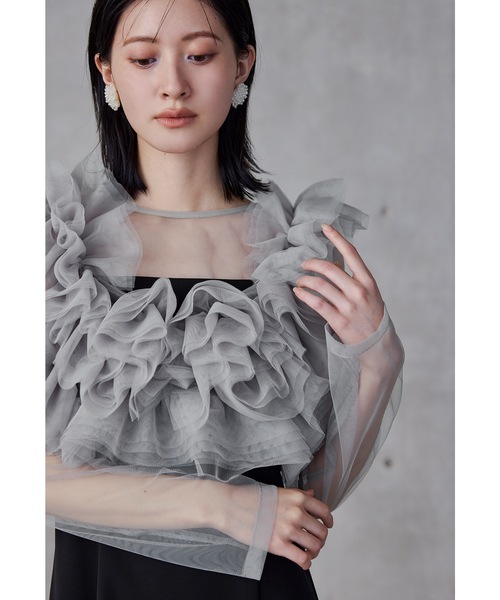 ボリュームフリルレイヤードレス 3点セット チュールベスト シアー