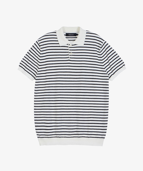 MAKEITTO(メイキット)の「ストライプニットカラー半袖Tシャツ_ホワイト(ポロシャツ・メンズ・その他・M/L/XL)」の2枚目の写真