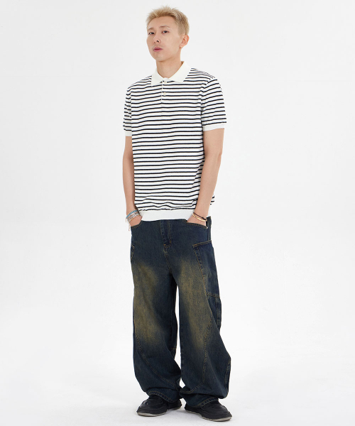 MAKEITTO(メイキット)の「ストライプニットカラー半袖Tシャツ_ホワイト(ポロシャツ・メンズ・その他・M/L/XL)」の4枚目の写真