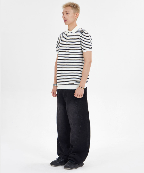 MAKEITTO(メイキット)の「ストライプニットカラー半袖Tシャツ_ホワイト(ポロシャツ・メンズ・その他・M/L/XL)」の5枚目の写真