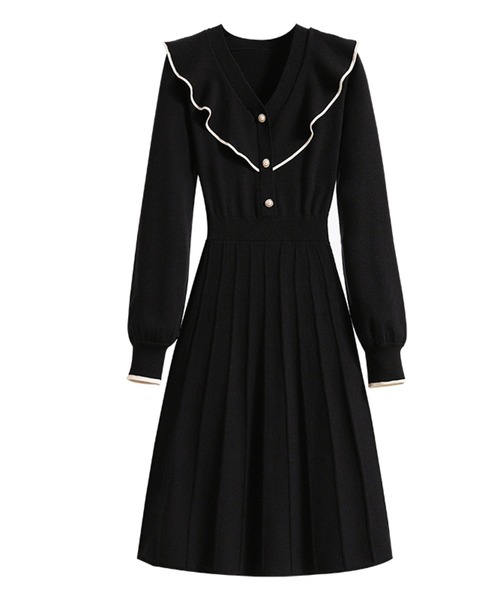 LUCPY（ラクピー）の「配色フリルVネック プリーツニットワンピース（ワンピース・レディース・ブラック・SMALL/MEDIUM/LARGE）」の3枚目の写真