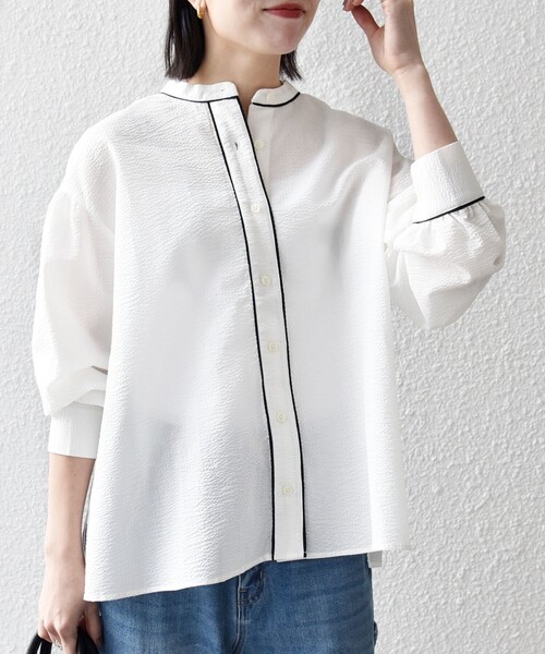 【aym.】バックリボンシャイニードッドブラウス シアーストライプバックリボンブラウス | 小柄・低身長女性向け