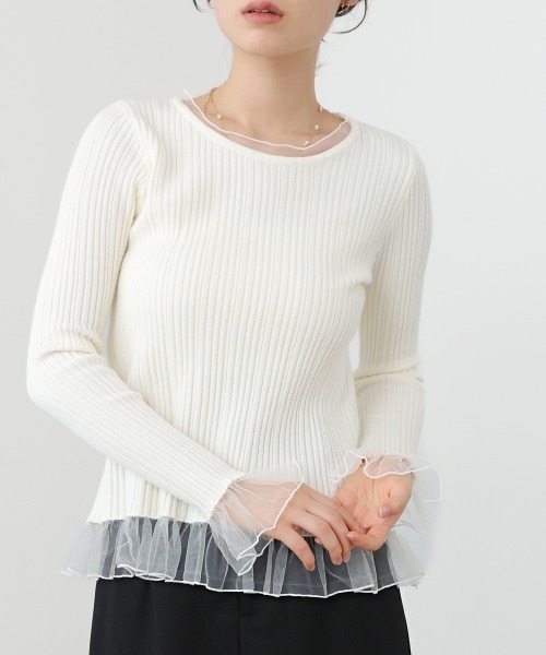 Bab（バブ）の「フリル切替リブニットトップス（Tシャツ/カットソー・レディース・ブラック/オフホワイト/チャコールグレー/ブルー・FREE）」の5枚目の写真