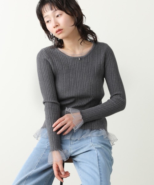 Bab（バブ）の「フリル切替リブニットトップス（Tシャツ/カットソー・レディース・ブラック/オフホワイト/チャコールグレー/ブルー・FREE）」の13枚目の写真