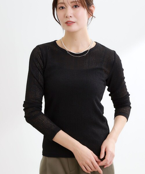 Reflect（リフレクト）の「【インナーにおすすめ◎】クルーネックレースジャージトップス（Tシャツ/カットソー・レディース・ブラック/アイボリー・11/09）」の2枚目の写真