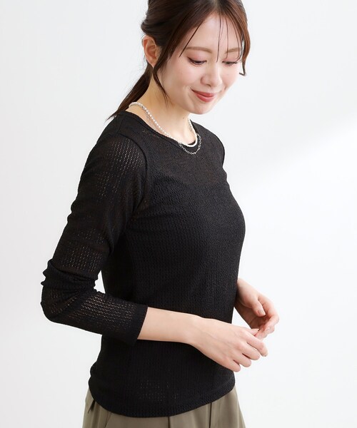 Reflect（リフレクト）の「【インナーにおすすめ◎】クルーネックレースジャージトップス（Tシャツ/カットソー・レディース・ブラック/アイボリー・11/09）」の12枚目の写真