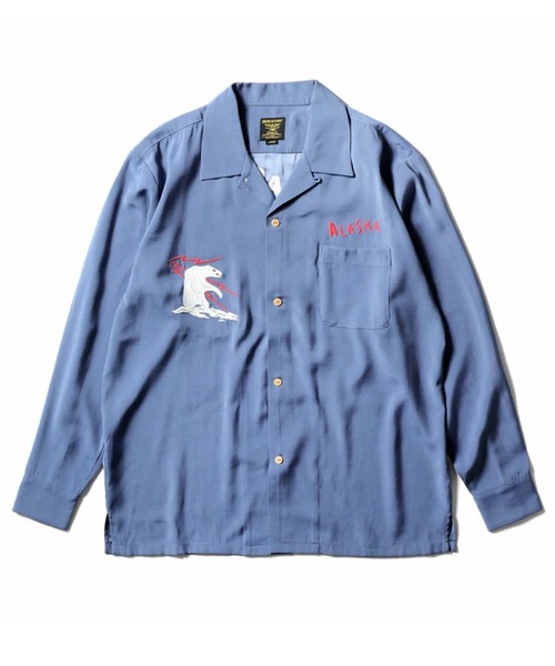 HOUSTON(ヒューストン)の「HOUSTON ヒューストン SOUVENIR L/S SHIRT(ALASKA) アラスカ 白熊 刺繍 オープンカラー 長袖シャツ / スーベニアシャツ / 開襟シャツ(シャツ/ブラウス・メンズ・ブルー/オレンジ/ブラック・XL/L/M)」の2枚目の写真