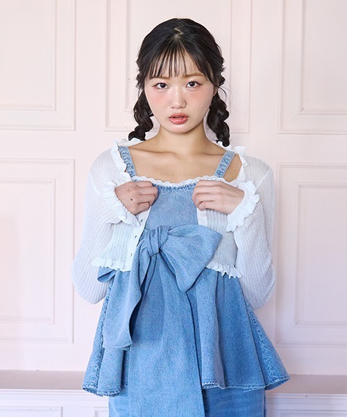 美品 45R フェザーカシミヤのカシュクール カーディガン ボレロ ネイビー セール】ラッフルニットカーディガン（カーディガン/ボレロ）｜Mi-je