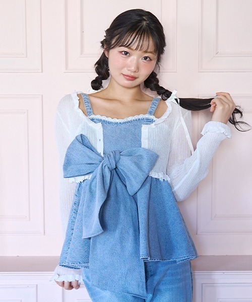 Mi-je(ミジェ)の「ラッフルニットカーディガン(カーディガン/ボレロ・レディース・ライトグリーン/オフホワイト・F)」の4枚目の写真