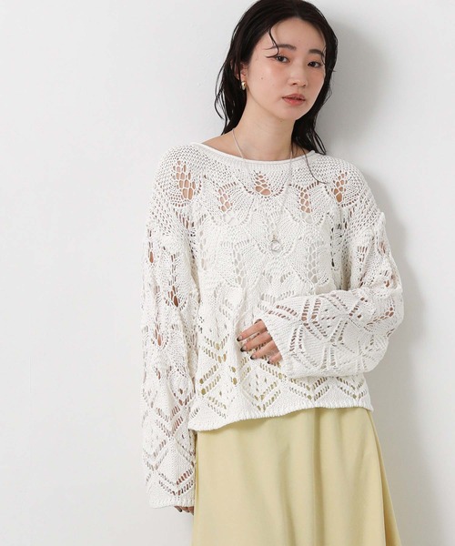 Gready Brilliant（グレディブリリアン）の「すかし柄切り替えボートネックニット（ニット/セーター・レディース・レッド/オフホワイト・FREE）」の10枚目の写真