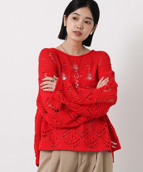 Gready Brilliant（グレディブリリアン）の「すかし柄切り替えボートネックニット（ニット/セーター・レディース・レッド/オフホワイト・FREE）」の15枚目の写真