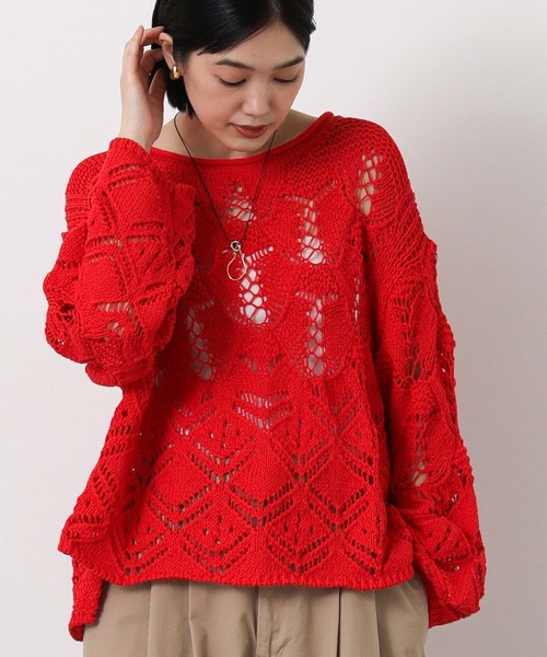 Gready Brilliant（グレディブリリアン）の「すかし柄切り替えボートネックニット（ニット/セーター・レディース・レッド/オフホワイト・FREE）」の18枚目の写真