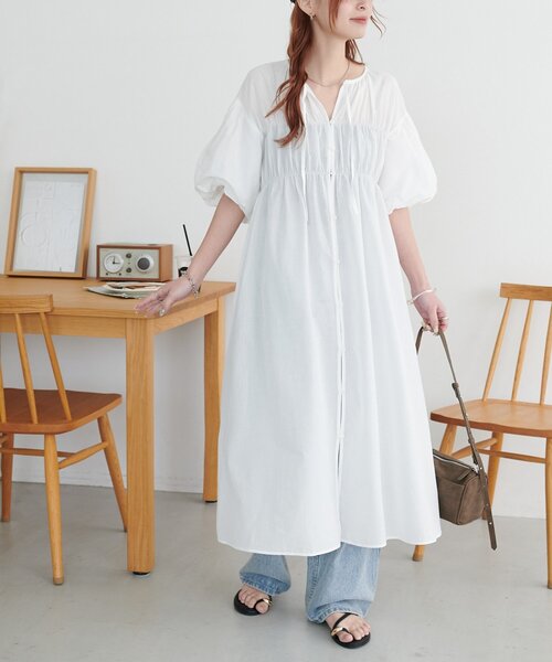 セール】【WEB限定】前開きシャーリングシアーワンピース（ワンピース