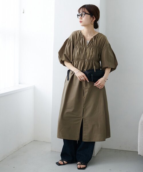 セール】【WEB限定】前開きシャーリングシアーワンピース（ワンピース