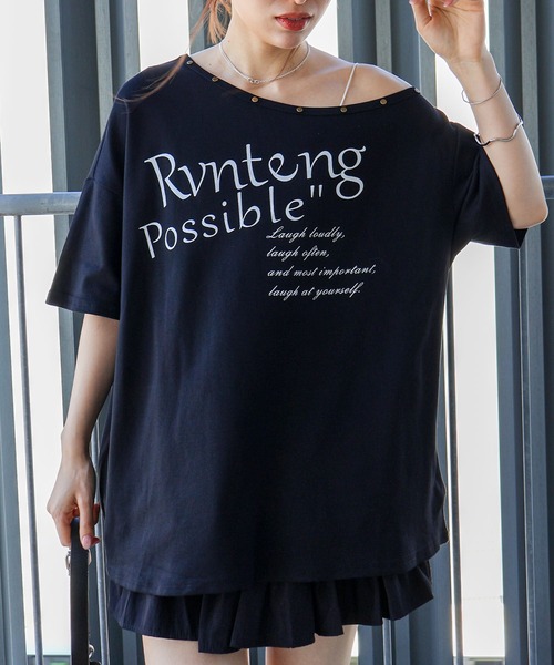SpRay(スプレイ)の「スタッズ付ロゴオフショルダーショートスリーブトップス(Tシャツ/カットソー・レディース・イエロー/ホワイト/グレー/ブラック/サックスブルー・FREE)」の11枚目の写真