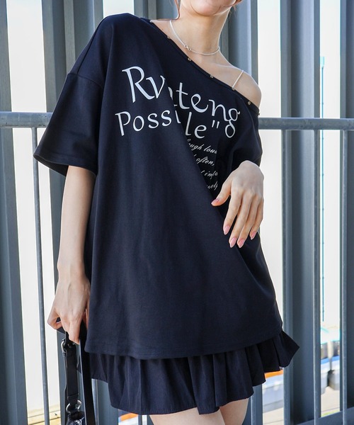 SpRay(スプレイ)の「スタッズ付ロゴオフショルダーショートスリーブトップス(Tシャツ/カットソー・レディース・イエロー/ホワイト/グレー/ブラック/サックスブルー・FREE)」の12枚目の写真