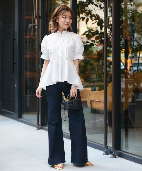 RUIRUE BOUTIQUE（ルイルエブティック）の「洗える ｜ プリーツ スタンドカラー ・ ドレス オーバーブラウス ｜ トップス・ブラウス・シャツ・半袖ブラウス・きれいめブラウス・オフィスカジュアルブラウス・シャツブラウス（シャツ/ブラウス・レディース・ホワイト/ネイビー/ブラック・L/M/S）」の8枚目の写真