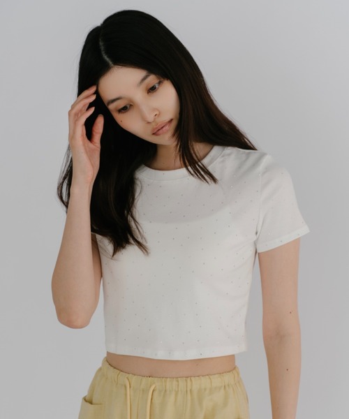 duei(デュイ)の「ラインストーンコンパクトTシャツ(Tシャツ/カットソー・レディース・ホワイト/ブラック・FREE)」の7枚目の写真