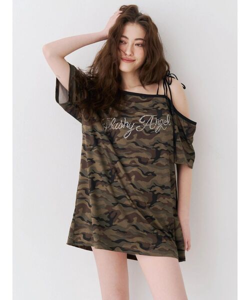 EVRIS（エヴリス）の「ラインストーンワンショルグラフィックトップス（Tシャツ/カットソー・レディース・ブラック/カーキ/ブラウン・FREE）」の5枚目の写真