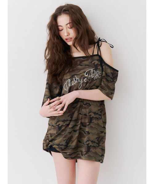 EVRIS（エヴリス）の「ラインストーンワンショルグラフィックトップス（Tシャツ/カットソー・レディース・ブラック/カーキ/ブラウン・FREE）」の6枚目の写真