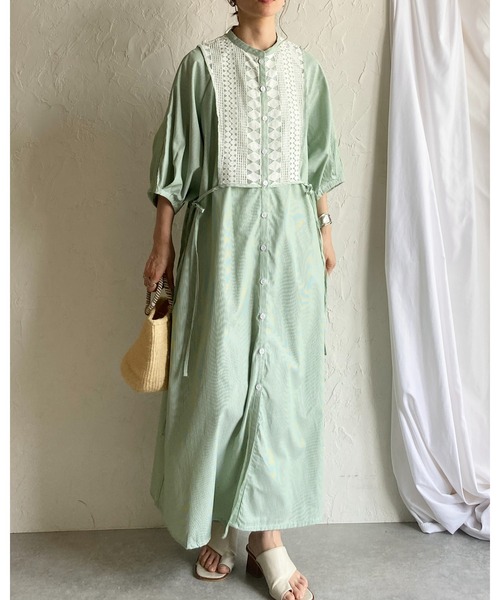 She's Closet(シーズクローゼット)の「レースドッキング切り替え バンドカラー ストライプ 半袖 ロングシャツワンピース(シャツワンピース・レディース・ブルー/グリーン・FREE)」の16枚目の写真