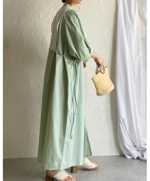 She's Closet(シーズクローゼット)の「レースドッキング切り替え バンドカラー ストライプ 半袖 ロングシャツワンピース(シャツワンピース・レディース・ブルー/グリーン・FREE)」の18枚目の写真