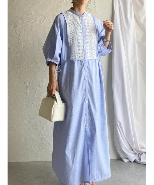 She's Closet(シーズクローゼット)の「レースドッキング切り替え バンドカラー ストライプ 半袖 ロングシャツワンピース(シャツワンピース・レディース・ブルー/グリーン・FREE)」の22枚目の写真