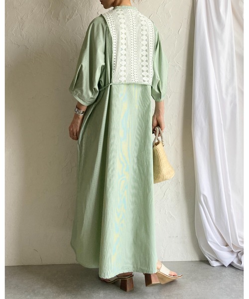 She's Closet(シーズクローゼット)の「レースドッキング切り替え バンドカラー ストライプ 半袖 ロングシャツワンピース(シャツワンピース・レディース・ブルー/グリーン・FREE)」の9枚目の写真