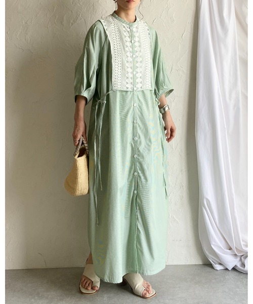 She's Closet(シーズクローゼット)の「レースドッキング切り替え バンドカラー ストライプ 半袖 ロングシャツワンピース(シャツワンピース・レディース・ブルー/グリーン・FREE)」の10枚目の写真