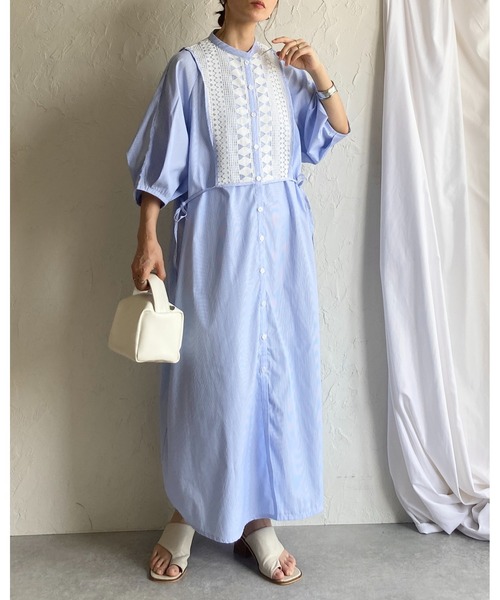 She's Closet(シーズクローゼット)の「レースドッキング切り替え バンドカラー ストライプ 半袖 ロングシャツワンピース(シャツワンピース・レディース・ブルー/グリーン・FREE)」の5枚目の写真