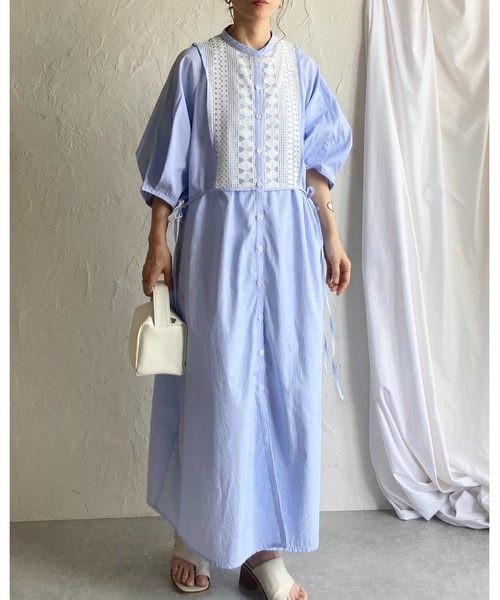 She's Closet(シーズクローゼット)の「レースドッキング切り替え バンドカラー ストライプ 半袖 ロングシャツワンピース(シャツワンピース・レディース・ブルー/グリーン・FREE)」の6枚目の写真