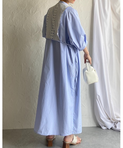 She's Closet(シーズクローゼット)の「レースドッキング切り替え バンドカラー ストライプ 半袖 ロングシャツワンピース(シャツワンピース・レディース・ブルー/グリーン・FREE)」の7枚目の写真