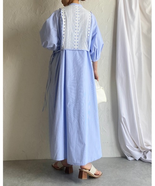 She's Closet(シーズクローゼット)の「レースドッキング切り替え バンドカラー ストライプ 半袖 ロングシャツワンピース(シャツワンピース・レディース・ブルー/グリーン・FREE)」の8枚目の写真