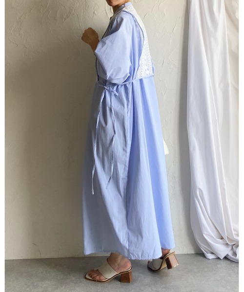 She's Closet(シーズクローゼット)の「レースドッキング切り替え バンドカラー ストライプ 半袖 ロングシャツワンピース(シャツワンピース・レディース・ブルー/グリーン・FREE)」の11枚目の写真