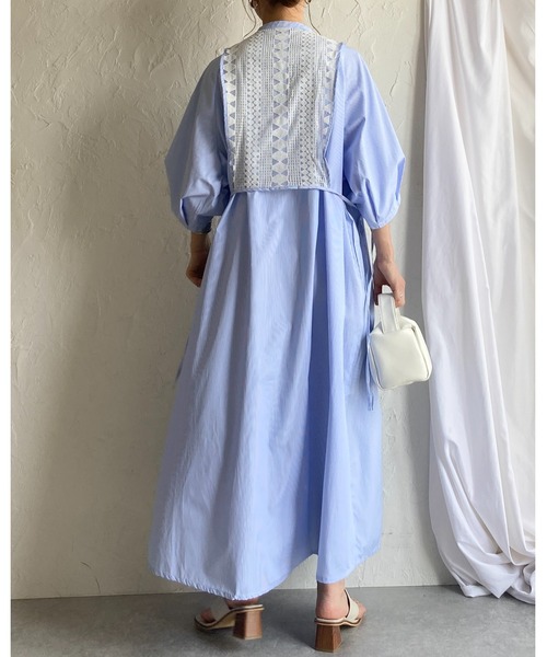 She's Closet(シーズクローゼット)の「レースドッキング切り替え バンドカラー ストライプ 半袖 ロングシャツワンピース(シャツワンピース・レディース・ブルー/グリーン・FREE)」の12枚目の写真