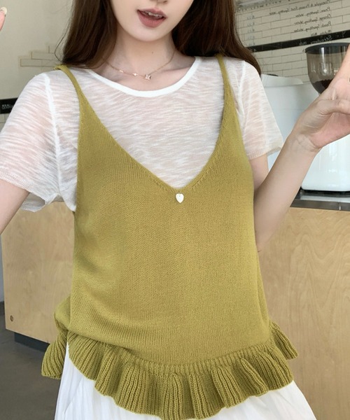 フリルネック ニットキャミソール＋半袖Tシャツ セット（Tシャツ