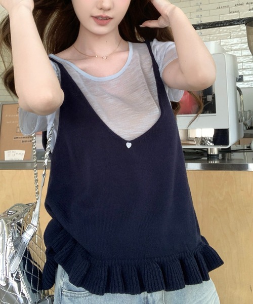 AMAJI(アマジ)の「フリルネック ニットキャミソール+半袖Tシャツ セット(Tシャツ/カットソー・レディース・ブラウン/ネイビー・FREE)」の3枚目の写真
