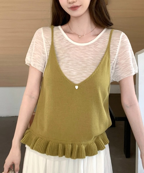AMAJI(アマジ)の「フリルネック ニットキャミソール+半袖Tシャツ セット(Tシャツ/カットソー・レディース・ブラウン/ネイビー・FREE)」の6枚目の写真