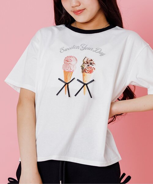 algy(アルジー)の「転写アイスりぼん半袖Tシャツ(Tシャツ/カットソー・キッズ・オフホワイト/チャコール/サックスブルー・160/150/140/130)」の1枚目の写真