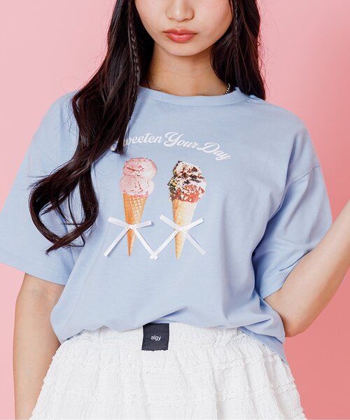 algy(アルジー)の「転写アイスりぼん半袖Tシャツ(Tシャツ/カットソー・キッズ・オフホワイト/チャコール/サックスブルー・160/150/140/130)」の3枚目の写真