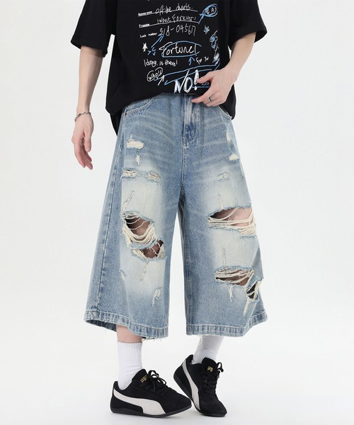 HOOK(フック)の「HOOK クラッシュダメージ × フェードウォッシュ バギーデニムハーフパンツ (SS)(デニムパンツ・メンズ・ブルー・M/L/S)」の8枚目の写真