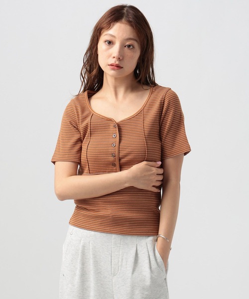 BAYFLOW(ベイフロー)の「コンパクトリブヘンリー半袖Tシャツ(Tシャツ/カットソー・レディース・ヘザーグレー/ブラウン/オフホワイト・FREE)」の1枚目の写真