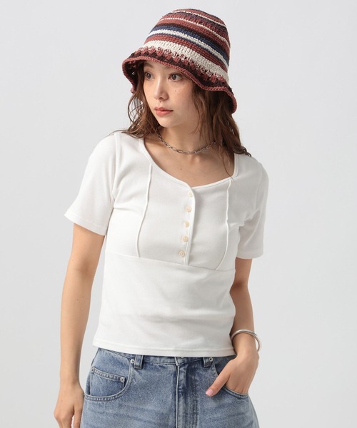 BAYFLOW(ベイフロー)の「コンパクトリブヘンリー半袖Tシャツ(Tシャツ/カットソー・レディース・ヘザーグレー/ブラウン/オフホワイト・FREE)」の2枚目の写真