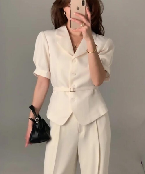 semplice（センプリチェ）の「テーラーカラーベルト付き半袖ジャケット（シャツ/ブラウス・レディース・ベージュ/ブラック・M/S）」の7枚目の写真