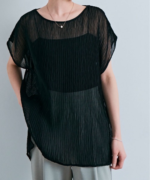 W:Huku(フーク)の「ランダム プリーツ ノースリーブ シフォン シアー トップス(Tシャツ/カットソー・レディース・ブラック系/グレー系1/ブラック系1/グレー系/ブラウン系1/ブラウン系/ホワイト系1/ホワイト系・FREE)」の4枚目の写真